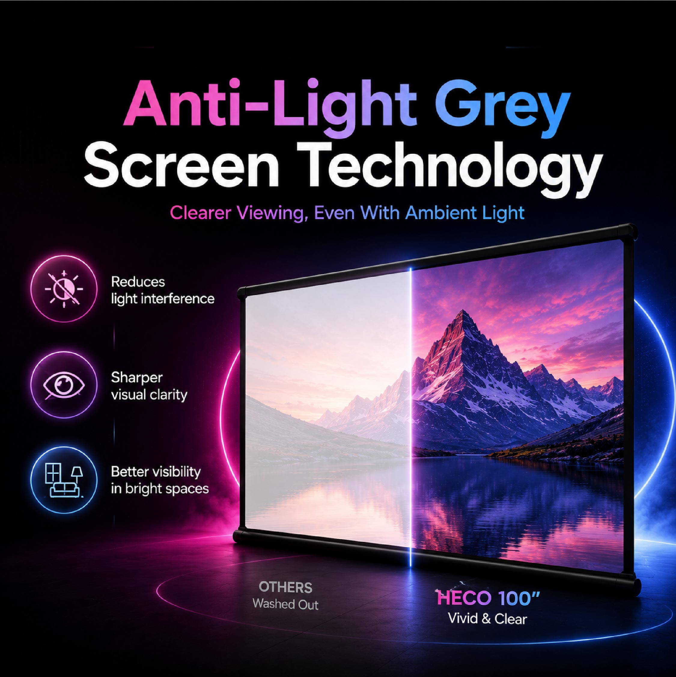 Heco 100” Inch Anti-Light Grey Projector Screen - DCTB