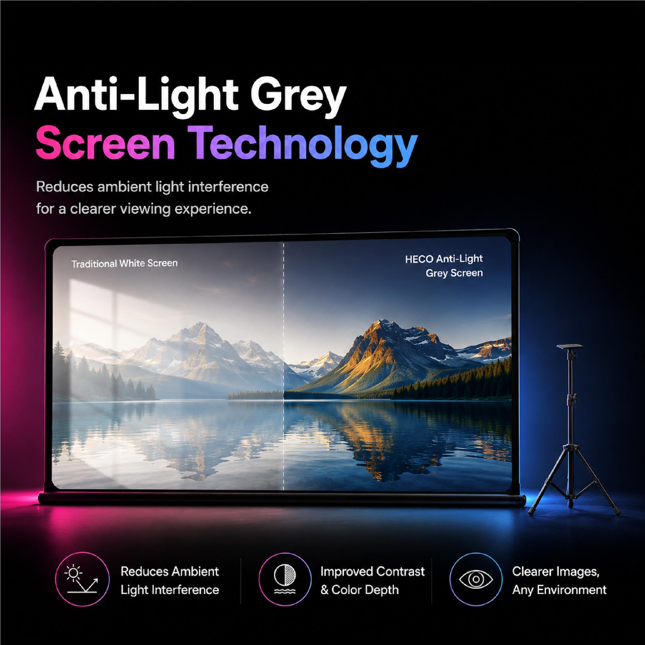 Heco 100” Inch Anti-Light Grey Projector Screen with Stand - DCTB