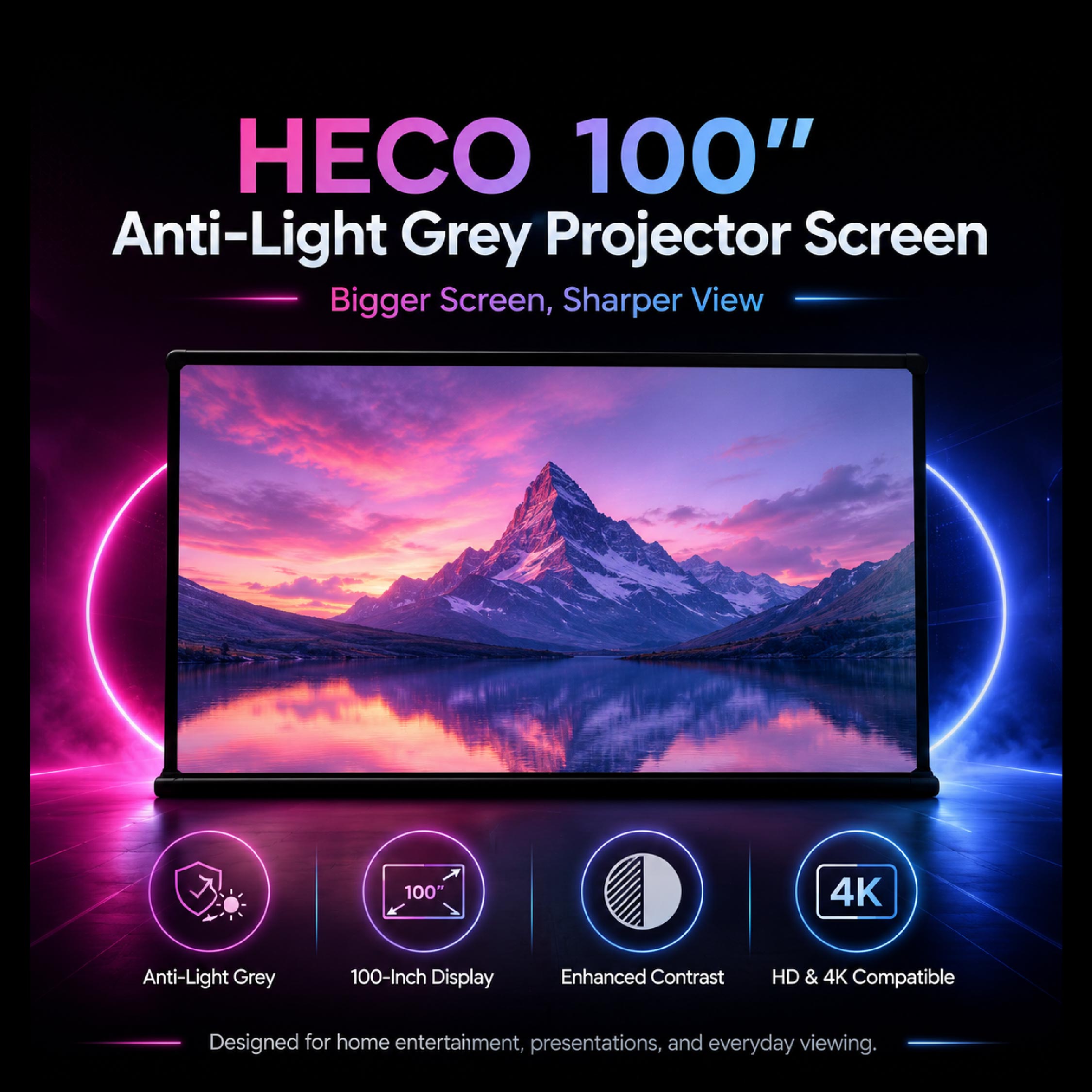 Heco 100” Inch Anti-Light Grey Projector Screen