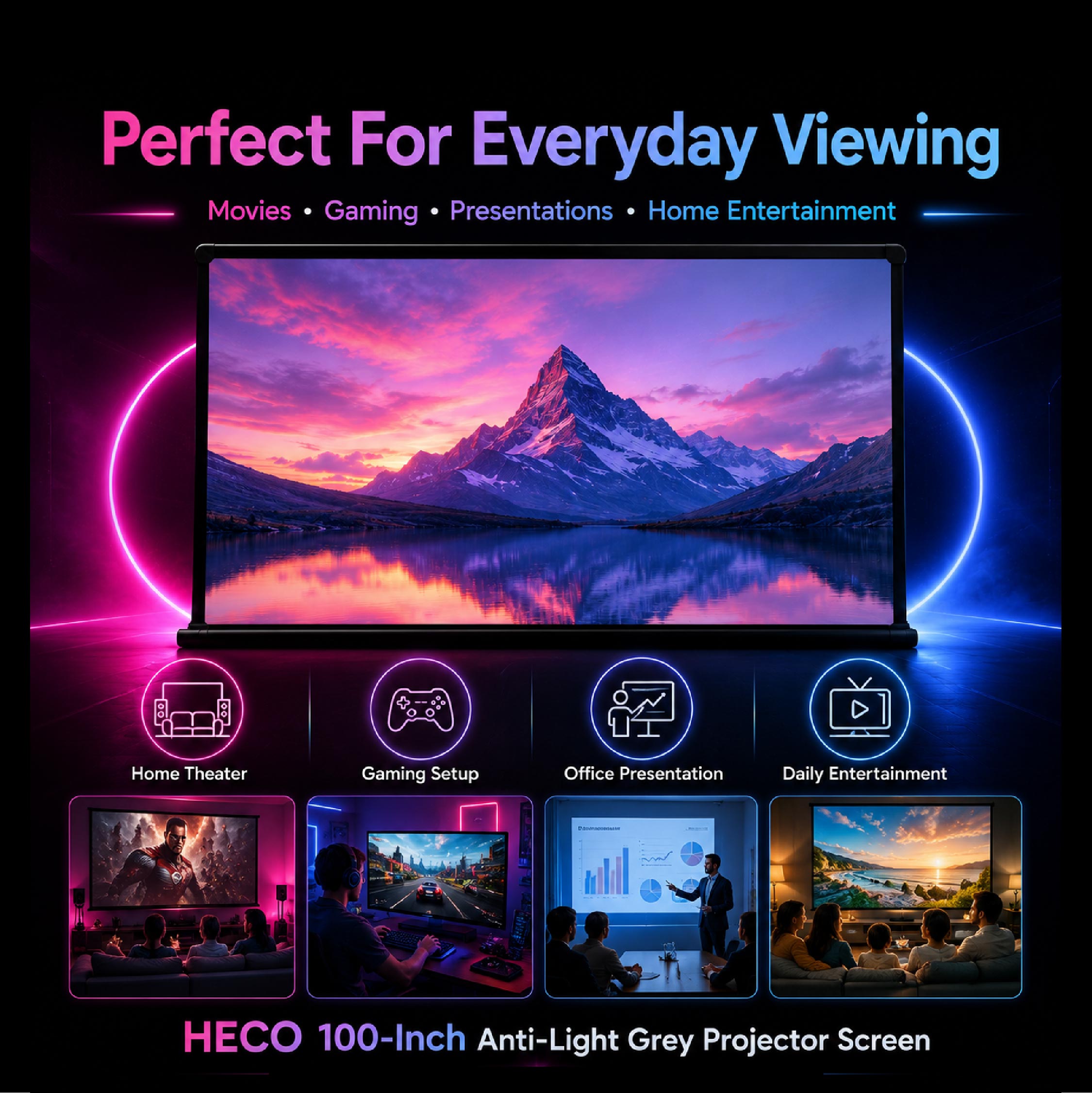 Heco 100” Inch Anti-Light Grey Projector Screen - DCTB