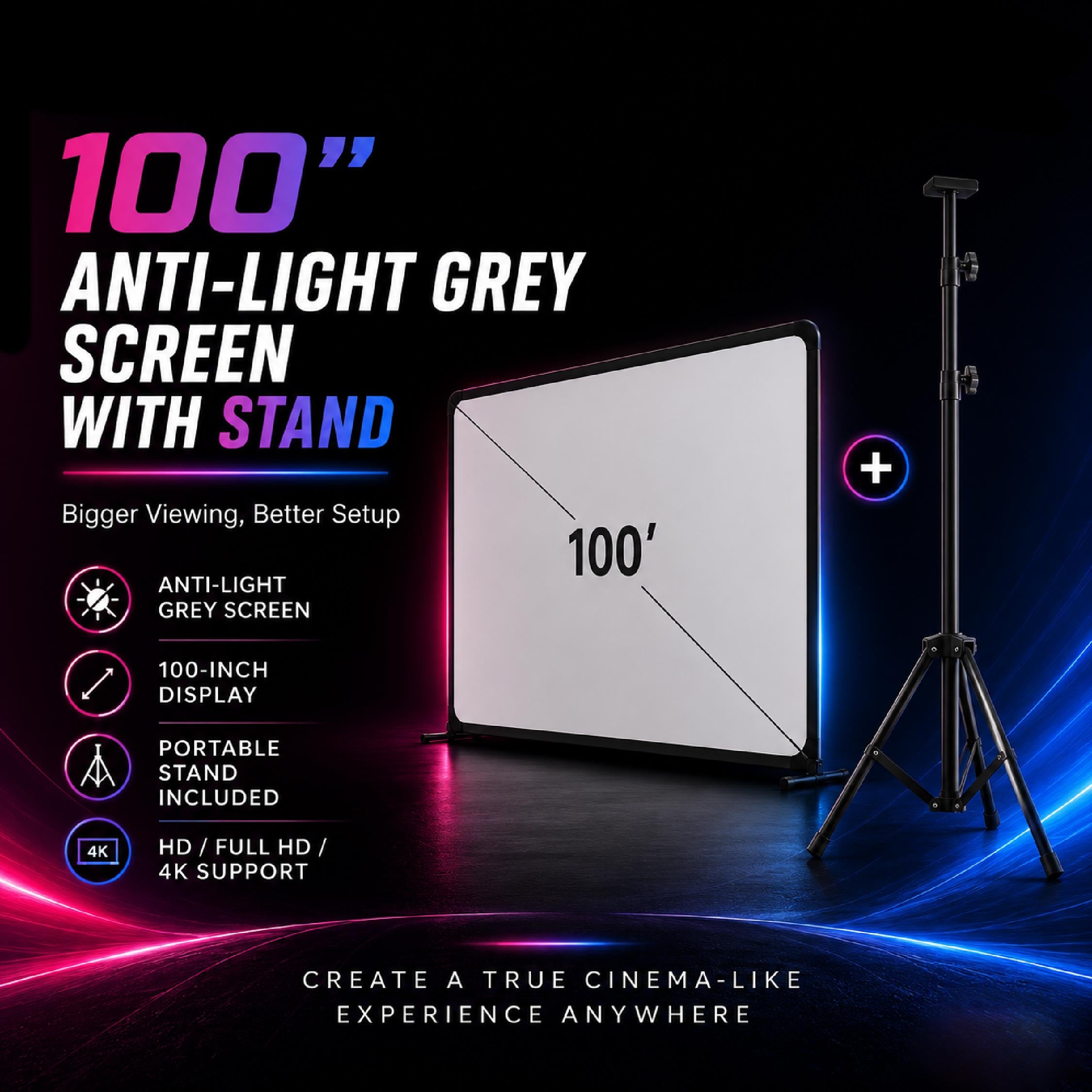 Heco 100” Inch Anti-Light Grey Projector Screen with Stand - DCTB