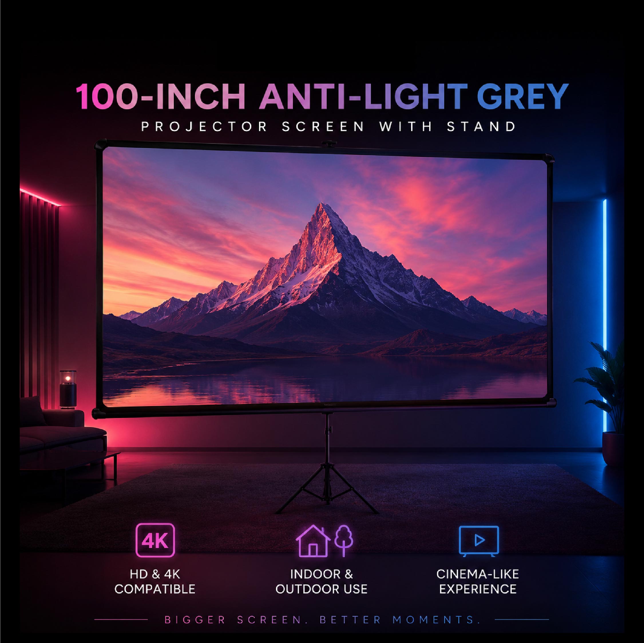 Heco 100” Inch Anti-Light Grey Projector Screen with Stand - DCTB