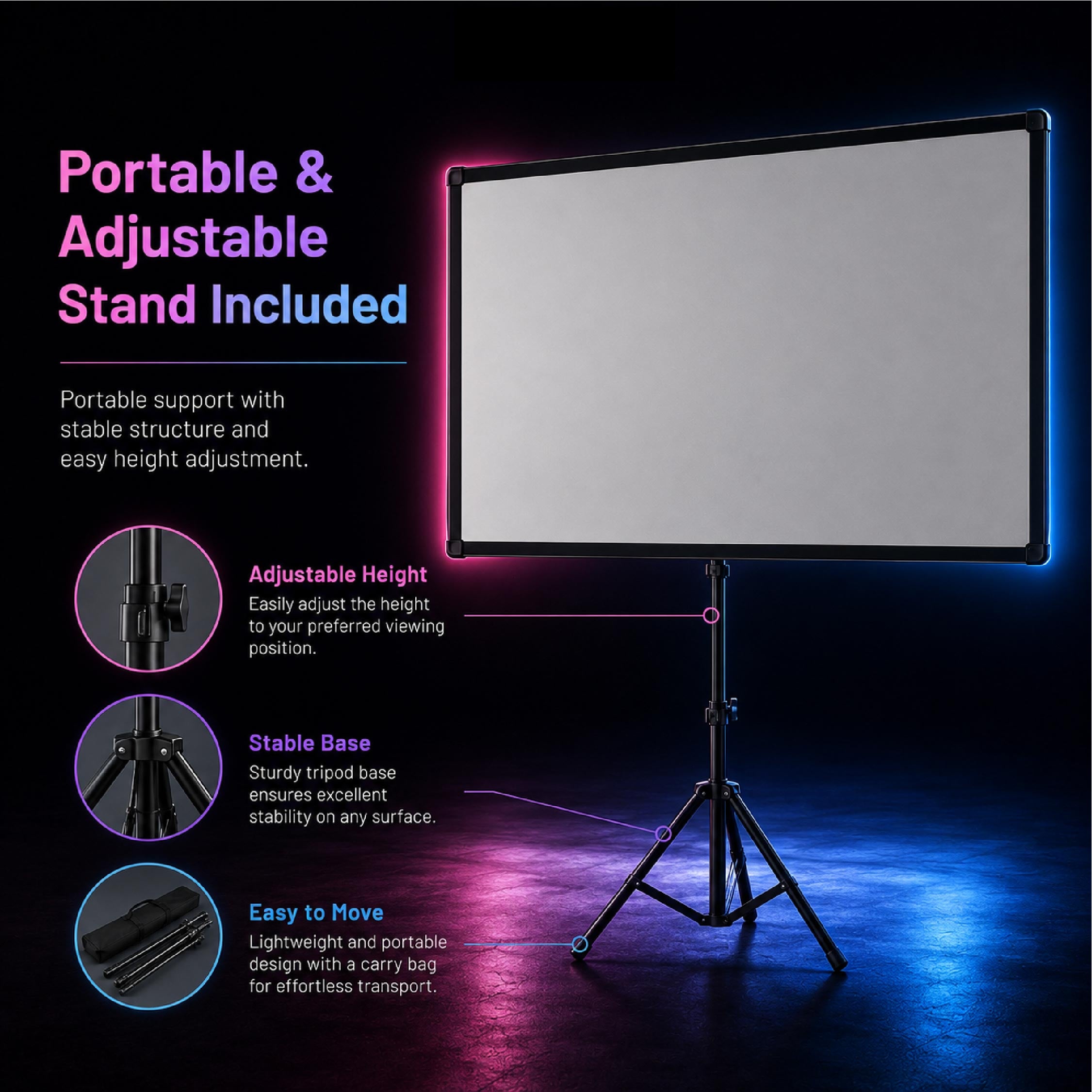 Heco 100” Inch Anti-Light Grey Projector Screen with Stand - DCTB